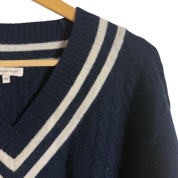 Rebecca Taylor Navy Contrast Tipped V-Neck Varsity Pullover Sweater Size Small - Picture 4 of 11